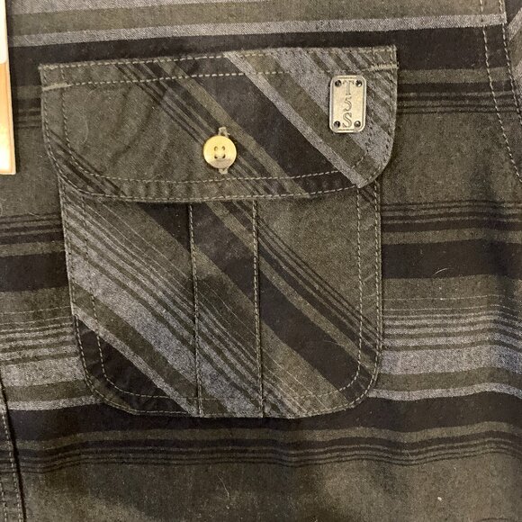 Triple Five Soul Men's Medium heavy cotton button down shirt striped pattern NWT - Picture 8 of 10